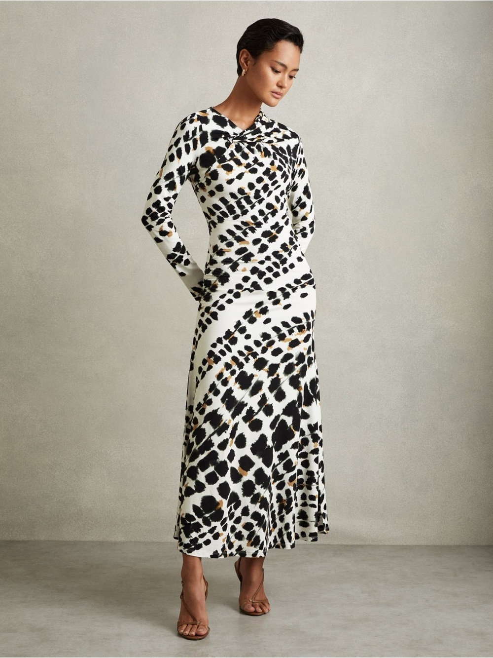 REISS | Vanita Black/White Printed Jersey Twist Detail Midi Dress Size S